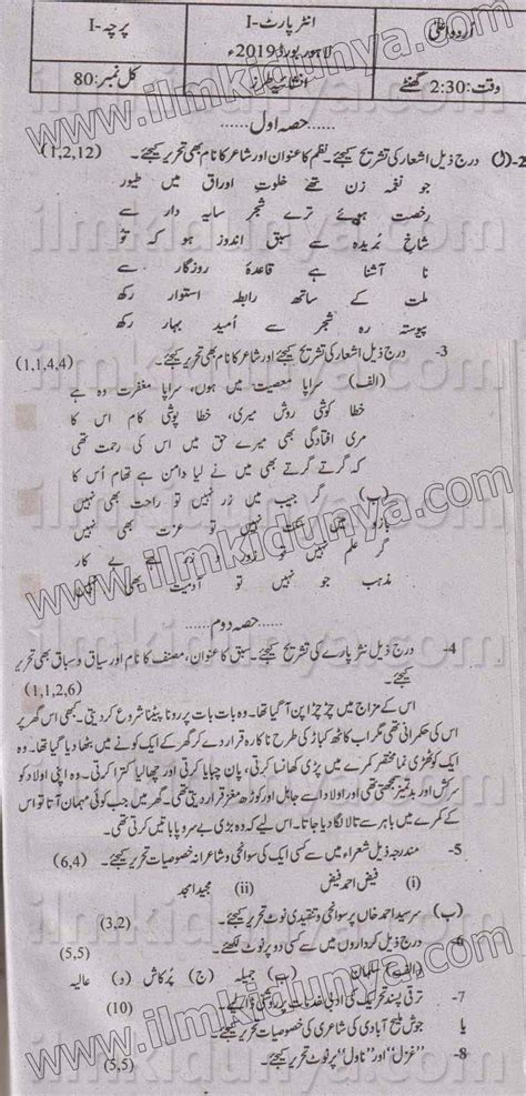 Past Paper Lahore Board Th Class Urdu Advance Subjective