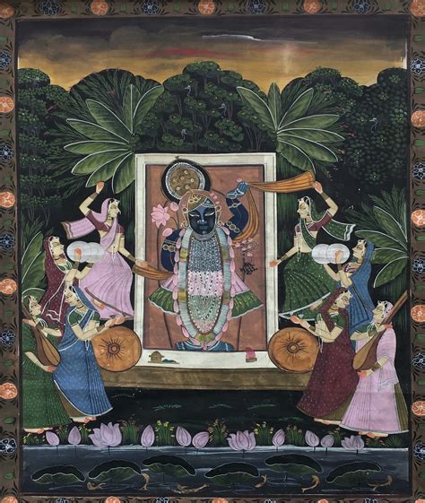 Vintage Hand Painted Pichwai 47x36 Shrinathji And Gopis Celebrating