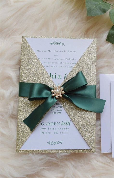 Emerald Green Wedding Invitation Gold Glitter And Forest Etsy Gold