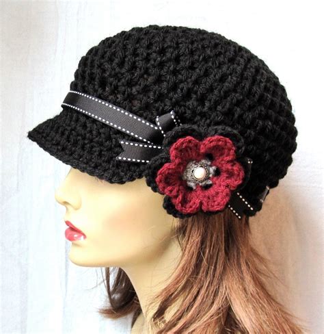 This hat has interesting architectural features made by the shell/ cluster stitch and the front post double crochet used in the pattern. Womens Hat Black Newsboy Valentines Burgundy by ...