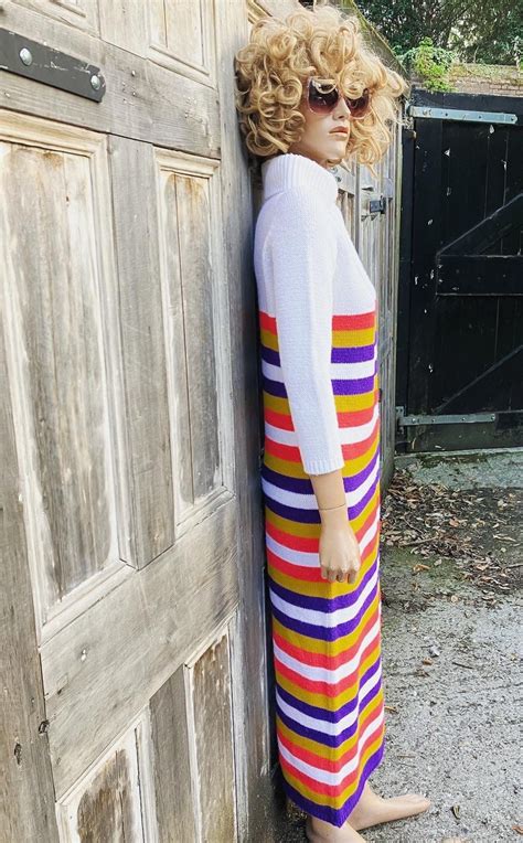 late 60s early 70s roll necked bright striped maxi jumper dress miss casual london super glam