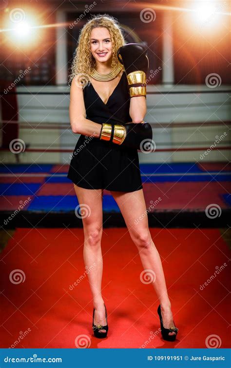 Glamour Fashion Model Woman With Boxing Gloves In Sports Gym Stock