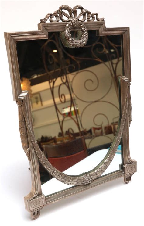 Antique edwardian sterling silver vanity set hand mirror and brush bows roses engraved stripes perfect gift or add to collection. 1930s French Silver Plated Vanity Mirror For Sale at 1stdibs