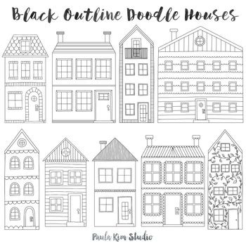 Stacked cardboard sculptures with kids! Doodle Townhouse Clipart Set, Black Outline | House doodle ...