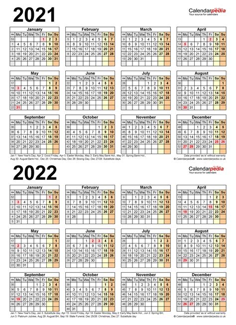 Two Year Calendars For 2021 And 2022 Uk For Pdf
