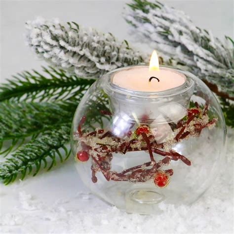 Glass Frosted Twig And Berry Tealight Holder By The Christmas Home