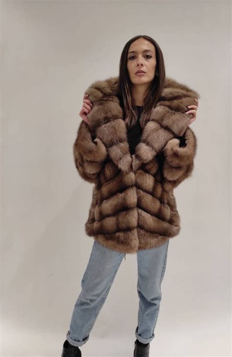 Real Sable Fur Coat With Hood Colour Tortora Genuine Fur Etsy