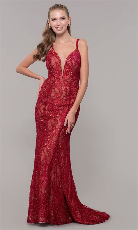 V Neck Glitter Lace Formal Red Prom Dress Promgirl