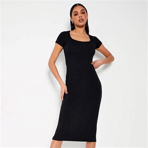 I Saw It First Black Ribbed Short Sleeve Square Neck Bodycon Midi