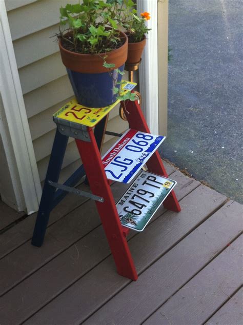 Plant Stand Made From Recycled Ladder And License Plates License Plates
