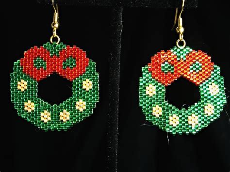 Christmas Wreath Dangle Earrings With A Red Bow And Gold