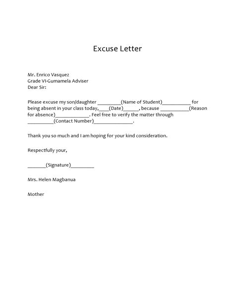 Free Excuse Letters Absent Notes For School Templatearchive