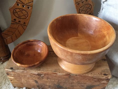 Pair Of Swedish Hand Carved Turned Midcentury Modern Wooden Bowl