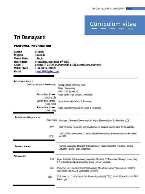 5 contoh cv riwayat hidup yang disukai hrd notepam. contoh CV | Indonesia | Schools