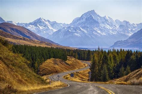 Mount Cook National Park New Zealand Mountain Road Trees Landscape Wallpapers HD
