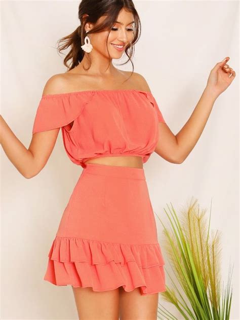 Shein Off Shoulder Ruffle Top And Layered Hem Skirt Set Off Shoulder Ruffle Top Ruffles