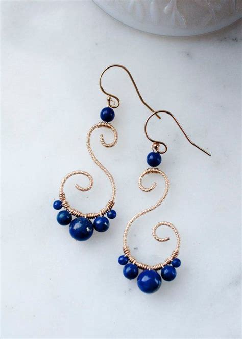 Wire Wrapped Lapis Lazuli Earrings Royal Blue Statement Jewelry Gold
