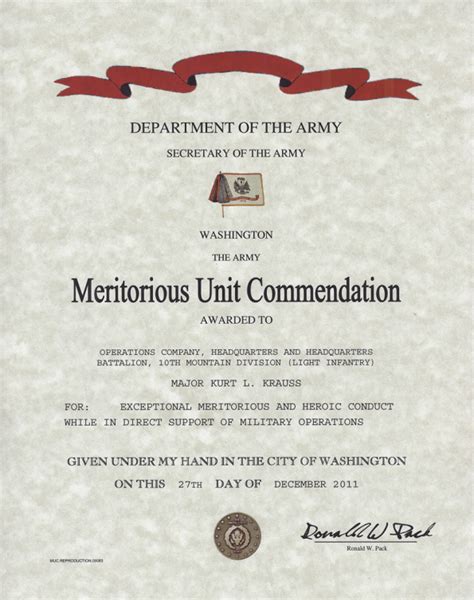Army Meritorious Unit Commendation Certificate
