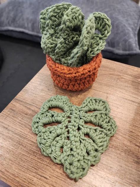 Crochet Monstera Leaf Coasters With Pot Etsy Crochet Pot Leaf