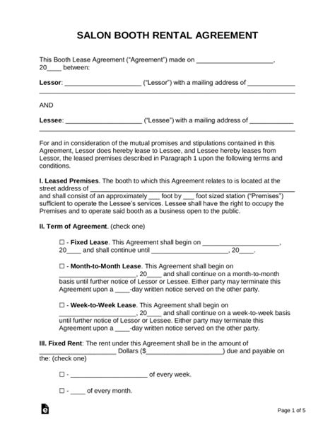 Free Booth Salon Rental Lease Agreement Pdf Word Eforms