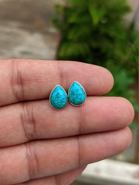 Genuine Turquoise Stud Earrings Sterling Silver Studs Etsy Uk