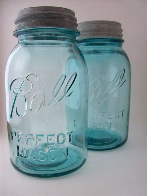 2 Vintage Blue Ball Mason Quart Jars With Zinc Lids