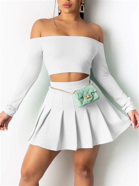 Wholesale Solid Off Shoulder Crop Top And Pleated Skirt Set Global Lover