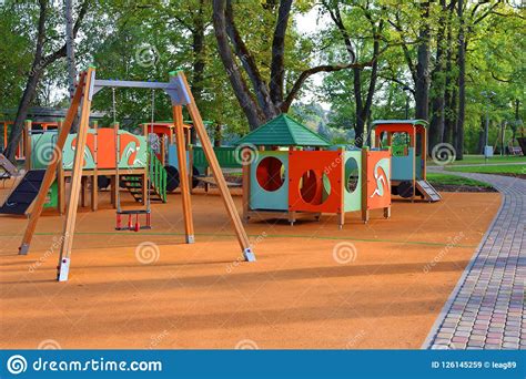 Colorful Playground With Swings And Slides Stock Image Image Of