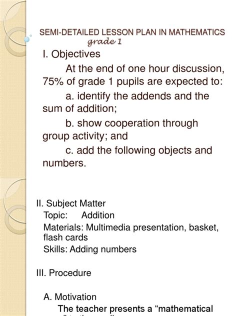 Semi Detailed Lesson Plan In Mathematics Lesson Plan Education Theory