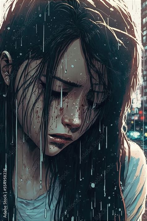 Sad Young Girl Crying While Its Raining Beautiful Art Generative Ai