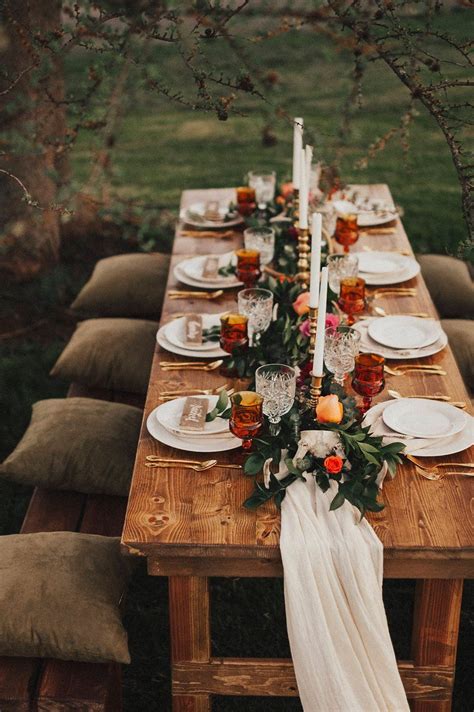 Moody Dark Orange And Brown Fall Boho Style Wedding Table Ideas