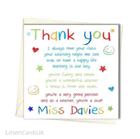 Personalised Teacher Thank You Card Teacher Class Assistant Etsy