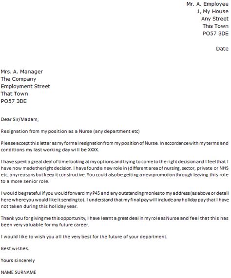 Nurse Resignation Letter Example Uk
