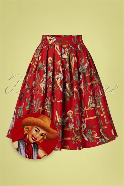 50s Cowgirl Pleated Swing Skirt In Red