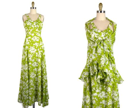Vintage 1970s Green Floral Maxi Dress 70s Green And White Etsy