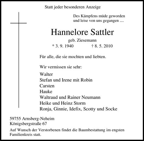 traueranzeigen von hannelore sattler trauer in nrw de