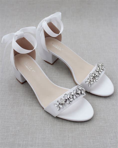 White Satin Block Heel Sandals With Floral Rhinestones On Upper Strap