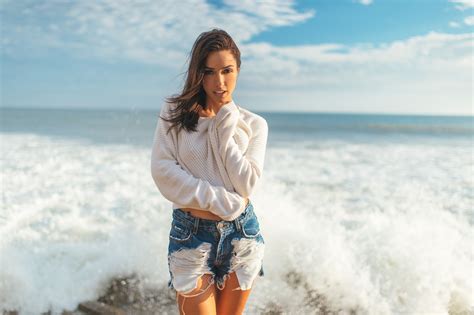Wallpaper Women Outdoors Model Sea Shore Sand Brunette Beach Dress Jean Shorts Coast