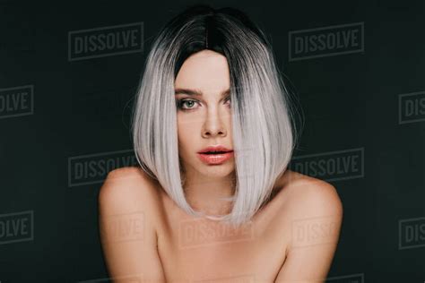 Sensual Naked Woman Posing In Grey Wig Isolated On Black Stock Photo