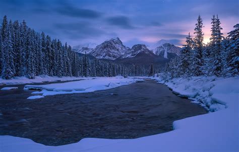 Wallpaper Winter Snow Landscape Mountains Night Nature River