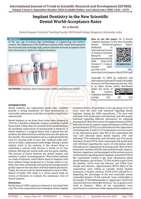 Implant Dentistry In The New Scientific Dental World Acceptance Rates Pdf