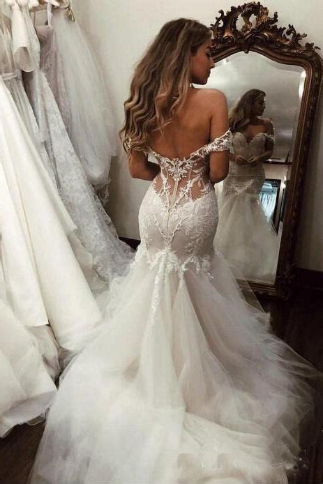 Off The Shoulder Lace Mermaid Wedding Dresses With Long Train