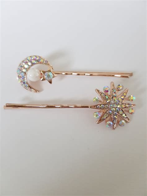 2 Beautiful Hair Clips Crystal Hair Slides Moon And Stars Etsy