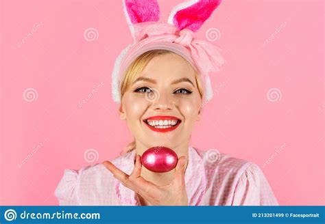 Rabbit Girl Easter Day Happy Woman With Bunny Ears Holds Pink Easter