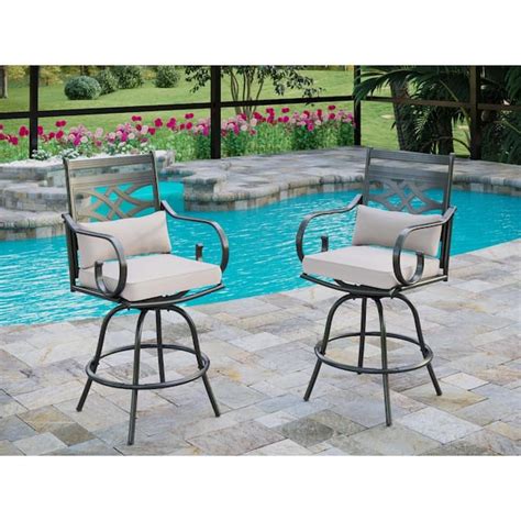 Phi Villa Swivel Metal Outdoor Bar Stool With Beige Cushion 2 Pack
