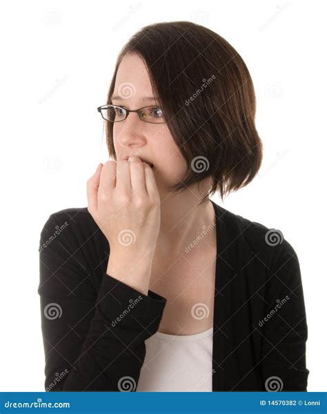 Nervous Woman Biting Nails And Looking Away Sitting Alone In A Coffee