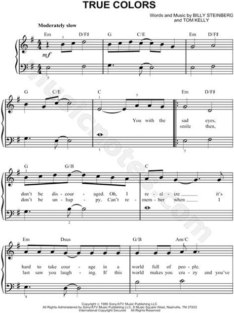 Easy sheet music for kids. Cyndi Lauper "True Colors" Sheet Music (Easy Piano) - Download & Print | disney | Pinterest ...
