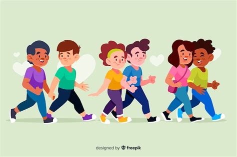 Premium Vector Group Of Young Couples Walking Together Illustration