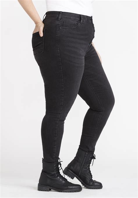 Womens Plus Size Repreve® Black High Rise Exposed Button Skinny Jeans