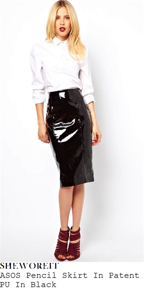 sheworeit lauren pope s asos black faux patent pvc effect high shine high waisted tailored knee
